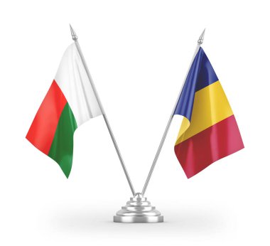 Romanya ve Madagaskar masa bayrakları beyaz arka planda izole edilmiş 3D görüntüleme