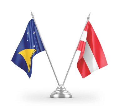 Avusturya ve Tokelau masa bayrakları beyaz arkaplandaki 3D görüntüleme