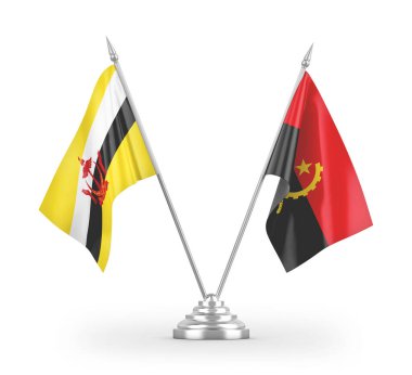 Angola ve Brunei Darussalam masa bayrakları beyaz arkaplanda izole edilmiş 3D görüntüleme