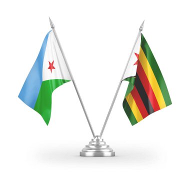 Zimbabwe ve Cibuti masa bayrakları beyaz arkaplanda izole edilmiş 3d görüntüleme