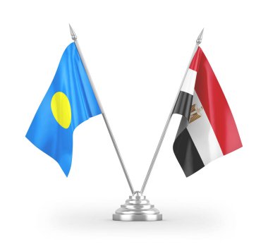 Mısır ve Palau masa bayrakları beyaz arkaplandaki 3D görüntüleme