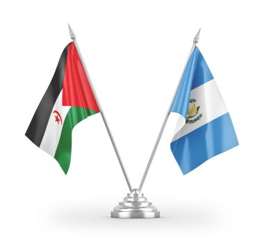 Guatemala ve Batı Sahra masa bayrakları beyaz zemin üzerinde izole edilmiş 3D görüntüleme