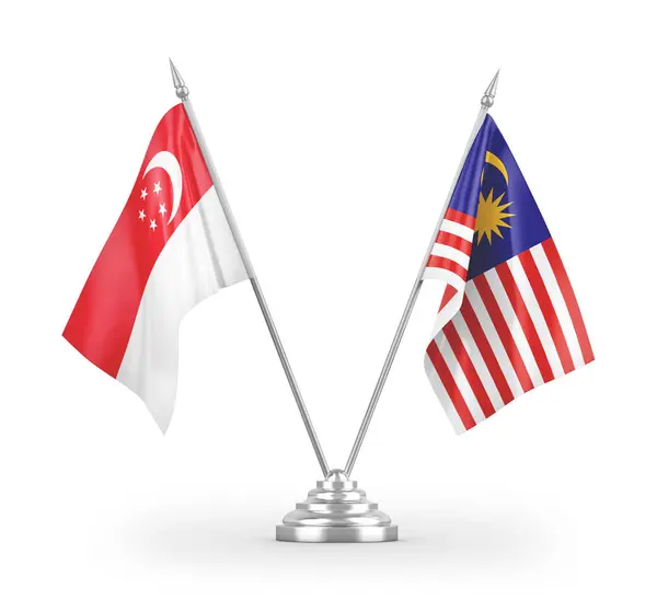 Malaysia Och Singapore Bordsflaggor Isolerade Vit Bakgrund Rendering — Stockfoto