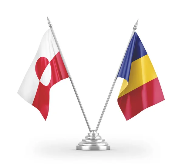 Bandeiras Mesa Romênia Groenlândia Isoladas Fundo Branco Renderização — Fotografia de Stock