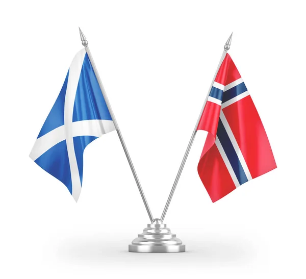 Bandeiras Mesa Noruega Escócia Isoladas Fundo Branco Renderização — Fotografia de Stock