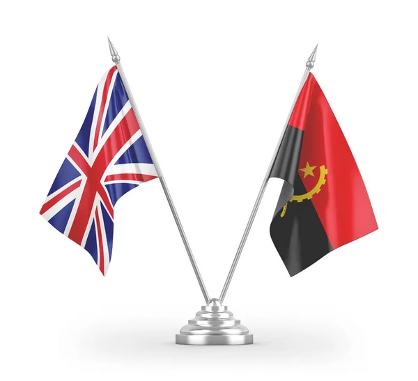Bandeiras Mesa Angola Reino Unido Isoladas Sobre Fundo Branco Renderização — Fotografia de Stock