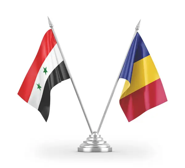 Banderas Mesa Rumania Siria Aisladas Sobre Fondo Blanco — Foto de Stock