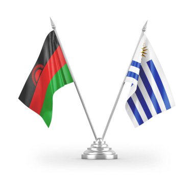 Beyaz arkaplanda izole edilmiş Uruguay ve Malawi masa bayrakları 3d görüntüleme