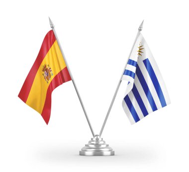 Uruguay ve İspanya masa bayrakları beyaz arkaplanda izole edilmiş 3d görüntüleme