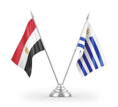 Uruguay ve Mısır masa bayrakları beyaz arkaplandaki 3D görüntüleme