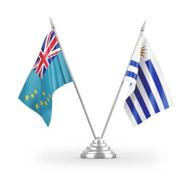 Beyaz arkaplan üzerinde izole edilmiş Uruguay ve Tuvalu masa bayrakları