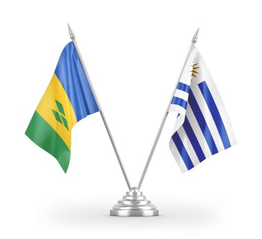 Uruguay ve Saint Vincent ve Grenadine masa bayrakları beyaz arka planda izole edilmiş 3D görüntüleme