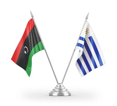 Uruguay ve Libya masa bayrakları beyaz arka planda izole edildi