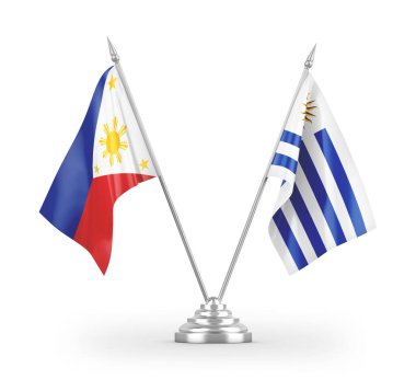 Uruguay ve Filipinler masa bayrakları beyaz zemin üzerinde izole edilmiş 3D görüntüleme