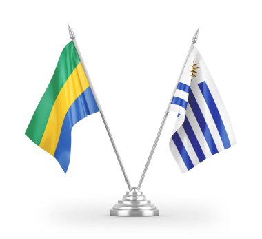 Uruguay ve Gabon masa bayrakları beyaz arkaplanda izole edilmiş 3d görüntüleme