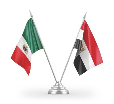 Mısır ve Meksika masa bayrakları beyaz arka planda izole edilmiş 3D görüntüleme