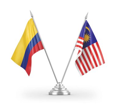 Beyaz zemin üzerinde izole edilmiş Malezya ve Kolombiya masa bayrakları 3D