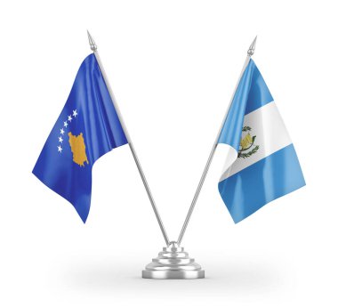 Guatemala ve Kosova masa bayrakları beyaz arka planda izole edilmiş 3D görüntüleme