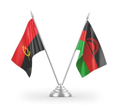 Malawi ve Angola masa bayrakları beyaz arkaplanda 3 boyutlu görüntüleme