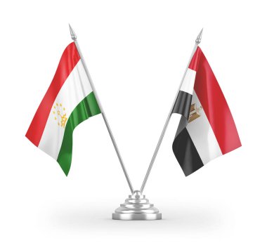 Mısır ve Tacikistan masa bayrakları beyaz zemin üzerinde izole edilmiş 3D görüntüleme