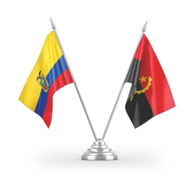 Angola ve Ekvador masa bayrakları beyaz arkaplanda izole edilmiş 3d görüntüleme