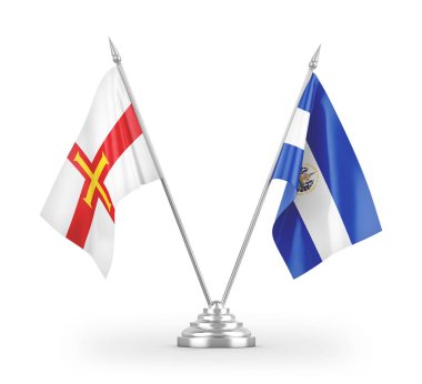 El Salvador ve Guernsey masa bayrakları beyaz arka planda izole edilmiş 3D görüntüleme