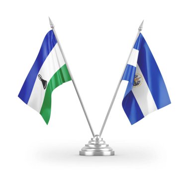 El Salvador ve Lesotho masa bayrakları beyaz arka planda izole edilmiş 3D görüntüleme