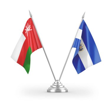 El Salvador ve Umman masa bayrakları beyaz arka planda izole edilmiş 3D görüntüleme