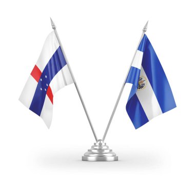 El Salvador ve Hollanda Antiller masa bayrakları beyaz arka planda izole edilmiş 3D