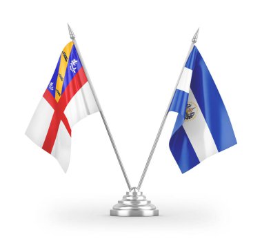 El Salvador ve Herm masa bayrakları beyaz arka planda izole edilmiş 3D görüntüleme