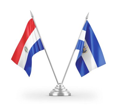 El Salvador ve Paraguay masa bayrakları beyaz arka planda izole edilmiş 3D görüntüleme