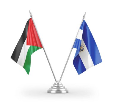 El Salvador ve Filistin masa bayrakları beyaz arka planda izole edilmiş 3D görüntüleme