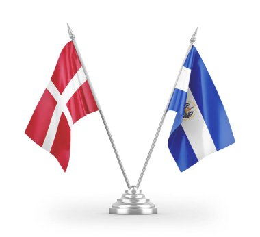 El Salvador ve Danimarka masa bayrakları beyaz arka planda izole edilmiş 3D görüntüleme