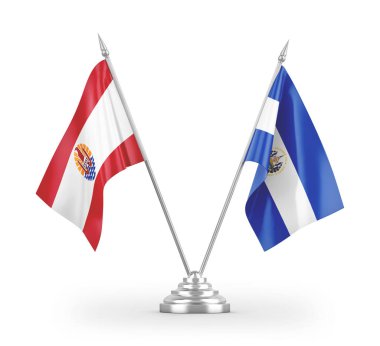 El Salvador ve Fransız Polinezya masa bayrakları beyaz zemin üzerinde izole edilmiş 3D