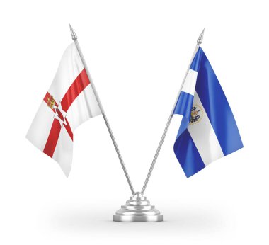 El Salvador ve Kuzey İrlanda masa bayrakları beyaz arka planda izole edilmiş 3D görüntüleme