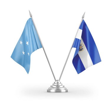 El Salvador ve Mikronezya masa bayrakları beyaz arka planda izole edilmiş 3D görüntüleme