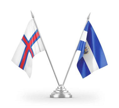 El Salvador ve Faroe Adaları masa bayrakları beyaz zemin üzerinde izole edilmiş 3D görüntüleme