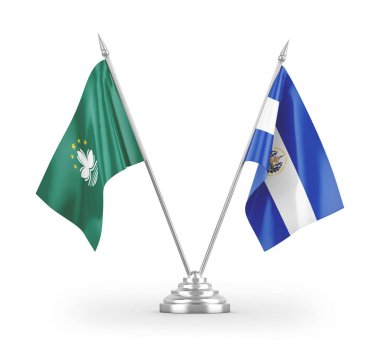 El Salvador ve Macau masa bayrakları beyaz arka planda izole edilmiş 3D görüntüleme