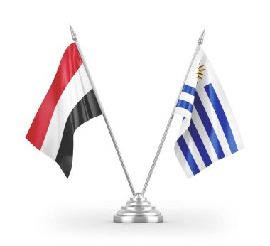 Uruguay ve Yemen masa bayrakları beyaz arkaplanda 3 boyutlu görüntüleme