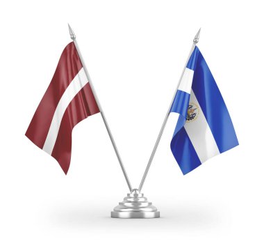 El Salvador ve Letonya masa bayrakları beyaz arkaplanda izole edilmiş 3D görüntüleme