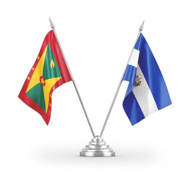 El Salvador ve Grenada masa bayrakları beyaz arka planda izole edilmiş 3D görüntüleme