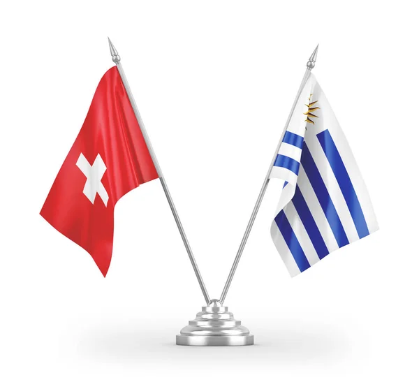 乌拉圭和瑞士在白色背景上隔离的桌旗3D渲染 — 图库照片