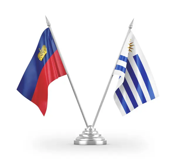 Bandeiras Mesa Uruguai Liechtenstein Isoladas Fundo Branco Renderização — Fotografia de Stock