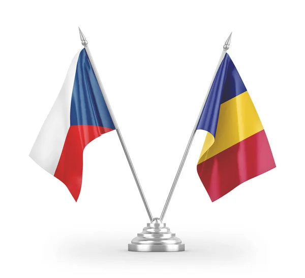 Roemenië Tsjechië Tafelvlaggen Geïsoleerd Witte Achtergrond Rendering — Stockfoto