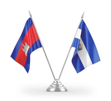 El Salvador ve Kamboçya masa bayrakları beyaz arka planda izole edilmiş 3D görüntüleme 