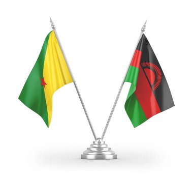 Beyaz zemin üzerinde izole edilmiş Malawi ve Fransız Guyanası masa bayrakları 3d