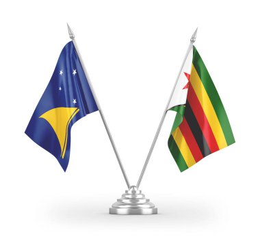 Zimbabwe ve Tokelau masa bayrakları beyaz arkaplanda izole edilmiş 3d görüntüleme