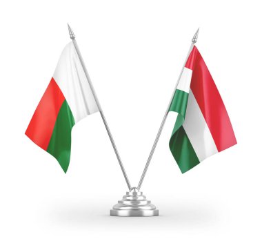 Macaristan ve Madagaskar masa bayrakları beyaz zemin üzerinde izole edilmiş 3D görüntüleme