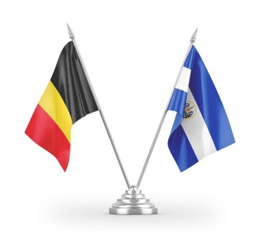 El Salvador ve Belçika masa bayrakları beyaz arka planda izole edilmiş 3D görüntüleme
