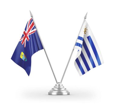 Uruguay ve Saint Helena masa bayrakları beyaz arka planda izole edilmiş 3D görüntüleme